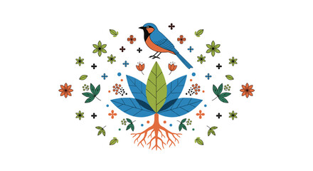Illustrative Depiction of a Bluebird Perched Above a Stylized Blue and Green Lotus Flower Rooted with a Network of Threads and Surrounded by Decorative Floral and Geometric Embellishments