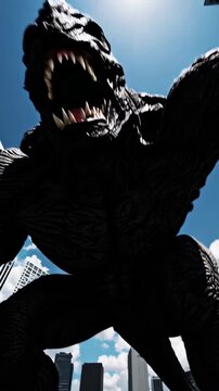 Giant monster destroying city under blue sky