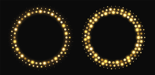 Golden halftone frames, glowing circle borders, round pattern with dots, radial disco luxury design element. Vector illustration.