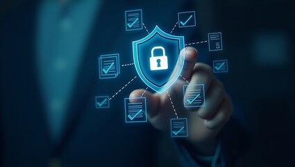 A hand interacts with a glowing digital shield and padlock, representing data security surrounded by checked documents.
