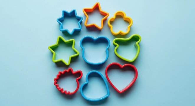 Colorful geometric cookie cutters on a light blue background flat lay - Powered by Adobe
