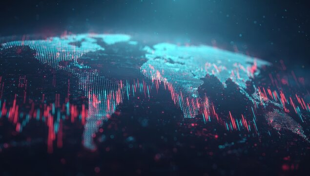 Global data visualization, Earth's surface overlaid with financial charts