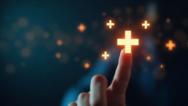 a glowing orange plus sign being touched by a finger, surrounded by other subtle glowing plus signs. This symbolizes adding value, growth, a positive impact, or a new beginning.