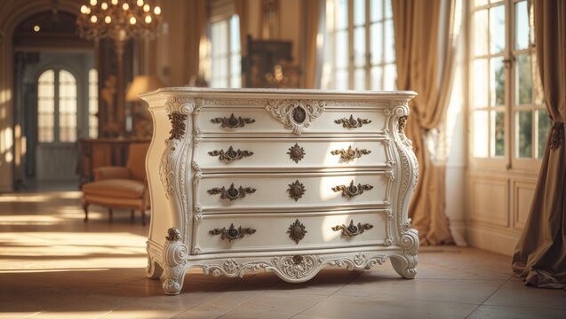 A stunning antique white dresser is illuminated by warm sunlight streaming through the windows.