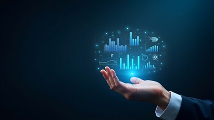 a hand holding a glowing spherical cluster of blue digital charts and graphs, against a dark background. This visually represents the concept of data analytics, business intelligence, or financial for