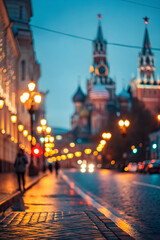 Obraz premium Moscow Kremlin illuminated at dusk with bokeh lights