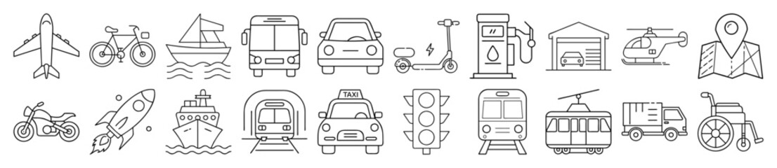 Comprehensive Transportation and Travel Outline Vector Icon Set