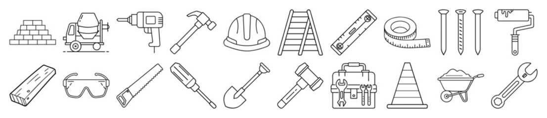 Construction and Building Tools Outline Vector Icon Set
