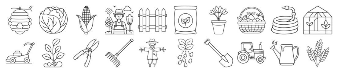 Gardening, Farming, and Agriculture Outline Vector Icon Set