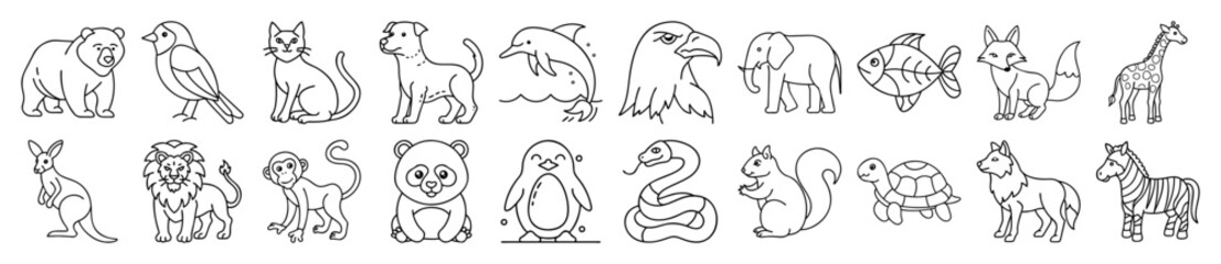 Obraz premium Cute Wild Animals and Wildlife Outline Vector Icon Set