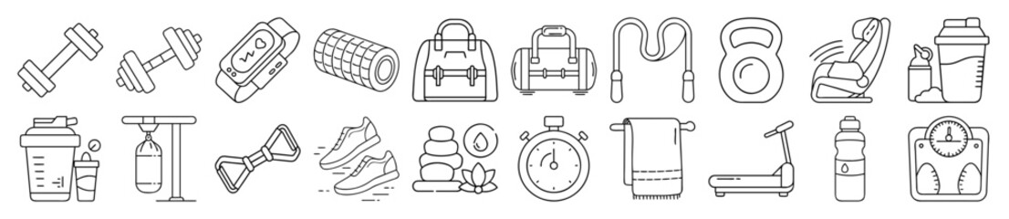 Gym Fitness and Workout Outline Vector Icon Set with Sports Equipment