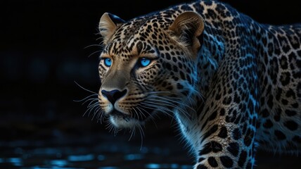 Obraz premium Close-up of a leopard with striking blue eyes, against a dark background.