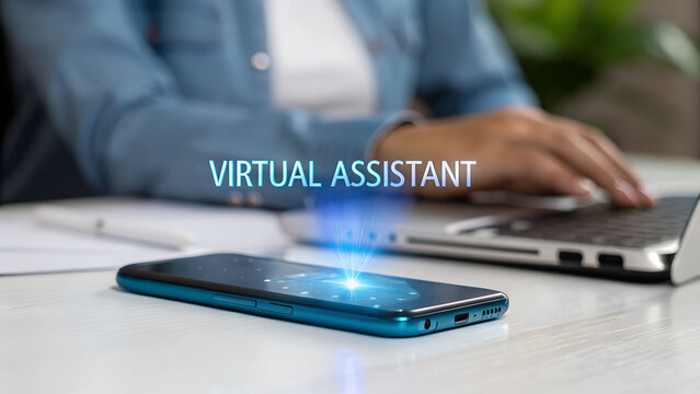Person typing on laptop with virtual assistant hologram over phone