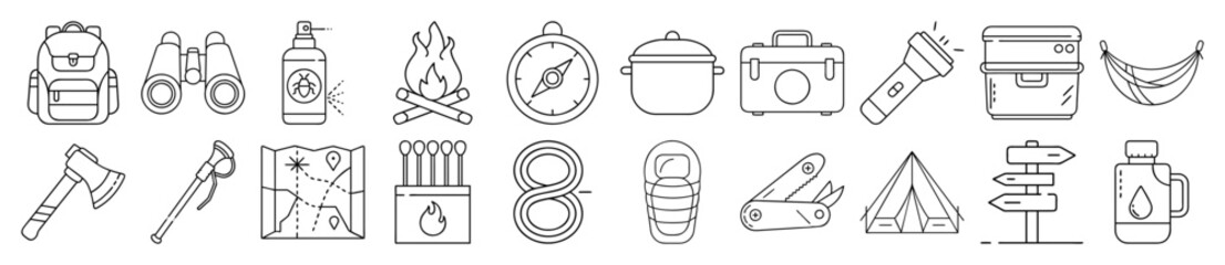 Comprehensive Outdoor Camping and Hiking Gear Outline Vector Icon Set