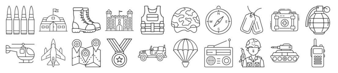Military, Armed Forces, and Combat Outline Vector Icon Set - representing military, armed forces, and combat elements. Ideal for defense-related content, historical themes, and strategic game design