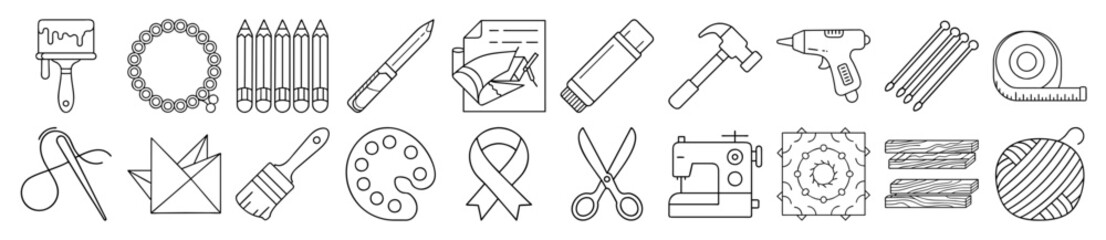 Creative Crafting Tools, Art Supplies, and DIY Essentials Outline Vector Icon Set - representing various crafting tools, art supplies, and DIY project essentials. Ideal for hobby shops
