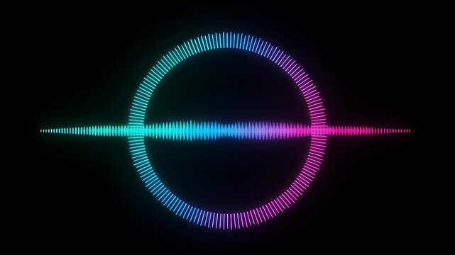 A glowing, colorful, circular audio visualizer. It features a waveform cutting through a circle constructed of vertical lines. Background is black