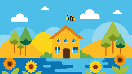 Naklejka premium sunflower lakeside house cartoon