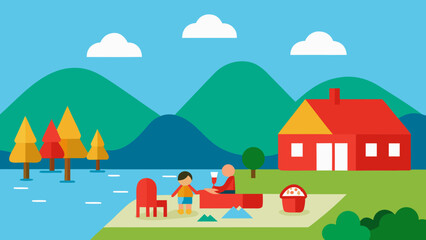 cartoon village lakeside picnic