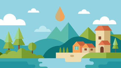 cartoon lake village with trees