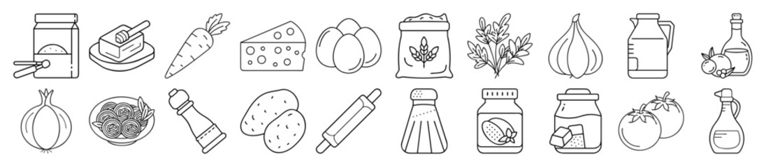 Common Food Ingredients and Cooking Staples Outline Vector Icon Set