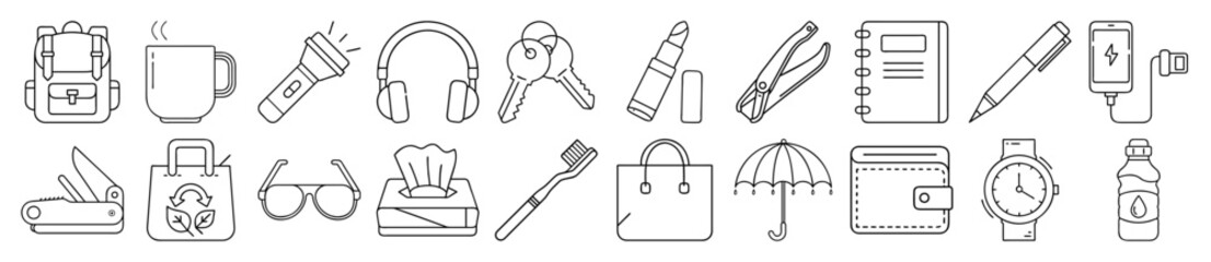 Everyday Carry Personal Items and Essential Gear Outline Vector Icon Set