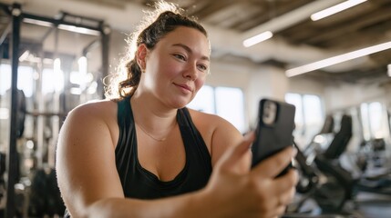 A woman in a gym checking her phone, reflecting modern fitness routines and technology integration in workouts.