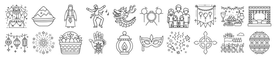 Diverse Religious and Cultural Festivals Celebration Outline Vector Icon Set - representing diverse religious and cultural festivals, celebrations, and traditional symbols from around the world.