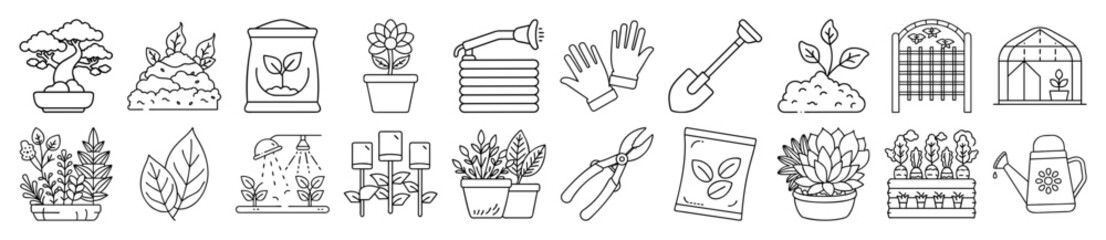 Comprehensive Gardening Tools, Plants, and Horticulture Outline Vector Icon Set - representing various gardening tools, plants, and horticultural activities