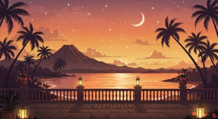 Fototapeta premium Flat vector of tropical beach at sunset with lanterns, moon flowers, sailboat, and romantic vibe. 