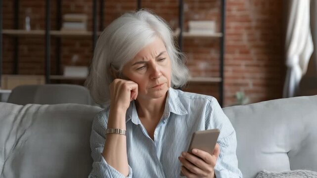 unhappy elderly woman sitting on a couch with a smartphone feels worried and agitated after receiving distressing news via SMS, dealing with personal or family issues, or misinterpreting messages.