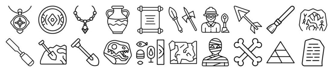 Archaeology, Ancient History, and Treasure Hunting Outline Vector Icon Set