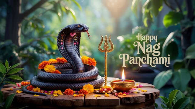 Happy Naag Panchami Illustration with Cobra and Traditional Indian Design
