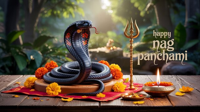 Happy Naag Panchami Illustration with Cobra and Traditional Indian Design