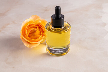 Transparent bottle with black cap and pipette of natural cosmetic product, serum, oil stands on marble beige background with rose. organic cosmetics
