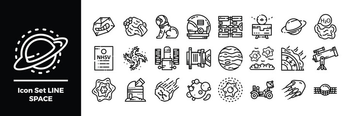 Line Art Space Icons Featuring Planets, Astronauts, and Telescopes.