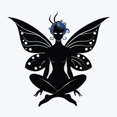 Enigmatic silhouette of a butterfly fairy with striking blue hair and ornate wings meditating in a serene pose