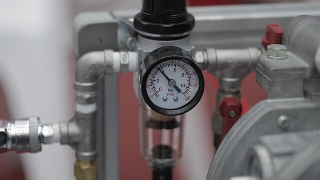 Close-up of a pressure gauge showing readings on an intricate system of pipes and valves in a workshop setting. Various components indicate an ongoing engineering process.