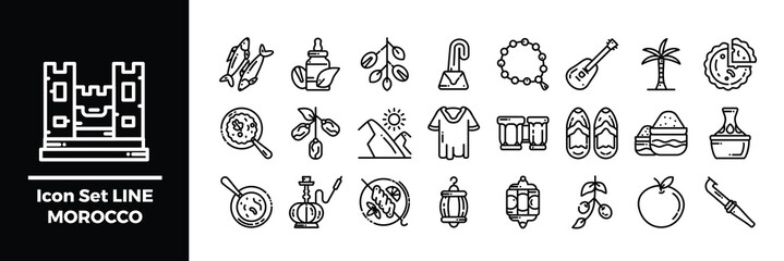 Morocco-Themed Line Icon Set with Cultural and Traditional Elements.