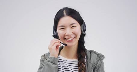 Woman, portrait or headset in studio for consultation, customer support or translation service....