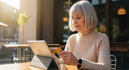 Elderly woman using tablet and credit card at café table in sunlight  