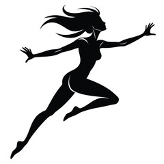 Dynamic silhouette of a woman in mid leap arms reaching outward in a gesture of freedom and graceful movement