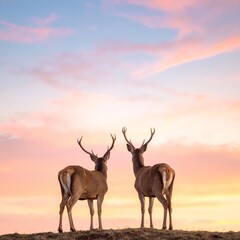 Fototapeta premium Two graceful deer stand atop a gentle hill, silhouetted against a vibrant sunset sky, with hues of orange, pink, and purple casting a serene glow.