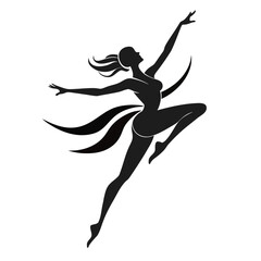 Graceful silhouette of a dancer in mid leap with flowing ribbons against a white background