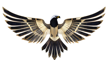 Art Deco geometric sunburst design stylized to incorporate elements of a bald eagle's wings and head, gold and silver lines, isolated on Transparent Background