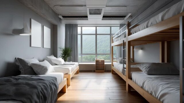 Modern multi-bedroom apartment with clean lines, bunk beds, and stunning city views through large windows.