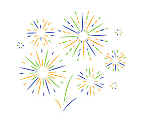 India flag color fireworks isolated on white background. Flat style round firecracker. Holiday decoration elements. Radial light beams salute sparks for independence republic day.