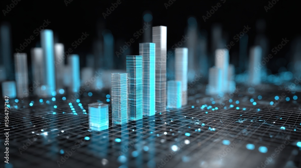 Poster abstract digital data visualization with glowing bars representing insights and trends in business a