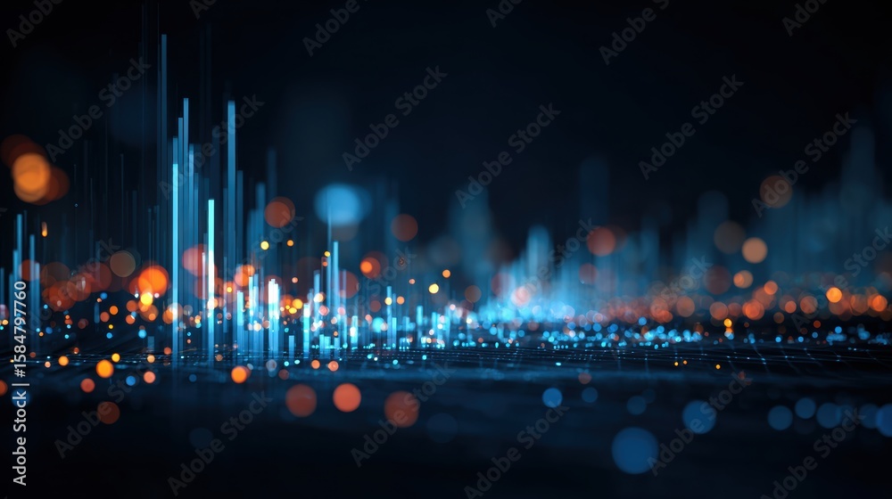 Wall mural abstract digital landscape with glowing particles and vibrant lines representing data and sound wave