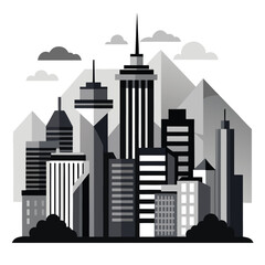 Obraz premium Monochromatic silhouette of a modern city skyline featuring tall skyscrapers a distinctive bridge and iconic towers against a white background